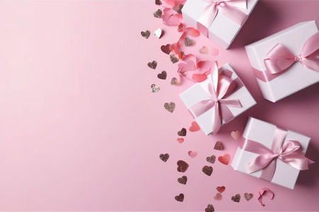 Valentines day background. White gift boxes with pink satin ribbon and hearts on pink background. Flat lay, top view.の素材