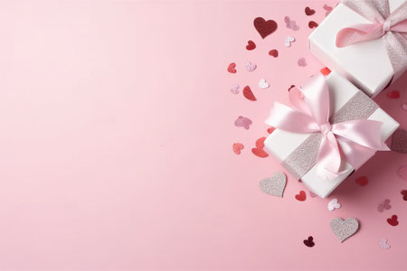 Valentine's Day background with gift boxes and hearts on pink backgroundの素材