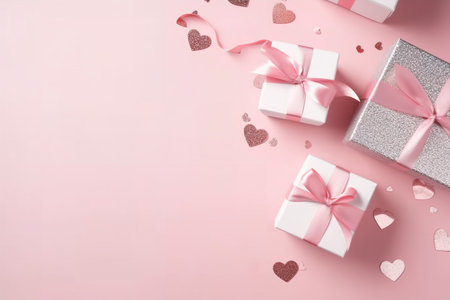 Valentine's Day background with gift boxes and hearts on pinkの素材