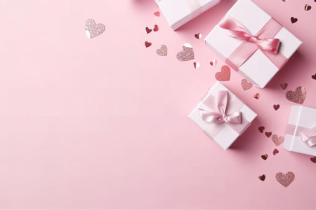 Valentine's day background with gift boxes, hearts and confetti on pink backgroundの素材