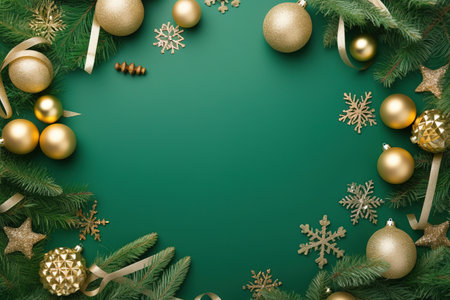 Christmas background with green fir branches, golden decorations and snowflakes. Top view.の素材
