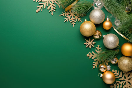 Christmas background. Festive decoration on green background. Top view with copy space.の素材