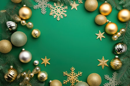 Christmas decoration on green background. Top view with copy space. Flat lay.の素材
