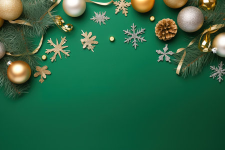 Christmas decoration on green background. Top view with copy space. Flat lay.の素材