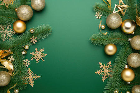 Christmas decoration on green background. Top view with copy space. Flat lay.の素材