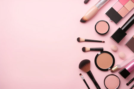 Makeup brushes and cosmetics on pink background, flat lay. Space for textの素材