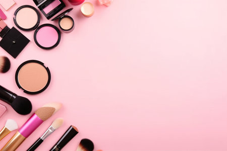 collection of make up and cosmetic beauty products arranged on pink background.の素材