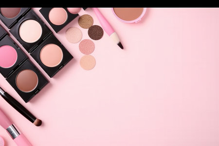 Makeup brushes and cosmetics on a pink background. Top view with copy space.の素材