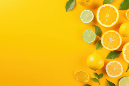 Variety of citrus fruit including lemons, lines, grapefruits and oranges with green leaves on yellow background. Top view with copy space.の素材