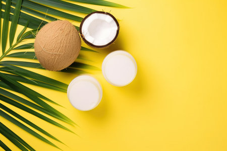 Coconut milk and coconuts on a yellow background.の素材