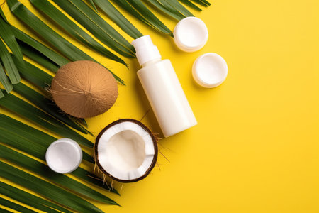 Coconut cosmetics and palm leaves on yellow background. Flat lay, top viewの素材