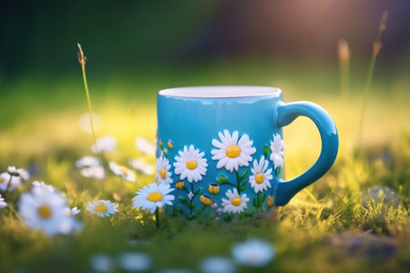 Cup of tea with daisies on a green grass.の素材