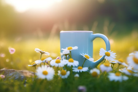 Cup of coffee on the meadow with daisies.の素材