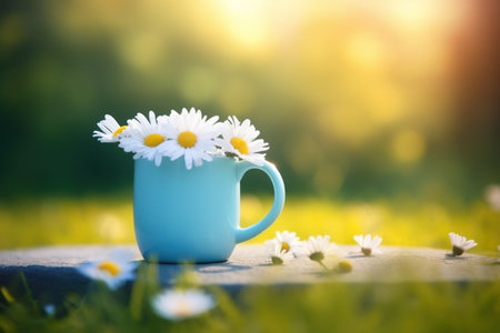 Cup of chamomile flowers on green grass background.の素材