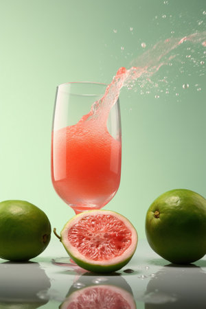 Fresh guava water splashing into glass with fruitsの素材
