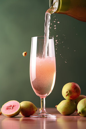 Fresh guava water splashing into glass with fruitsの素材