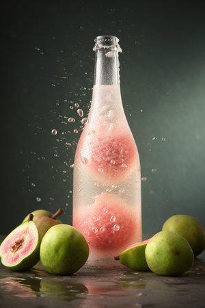 Fresh guava water splashing into glass with fruitsの素材
