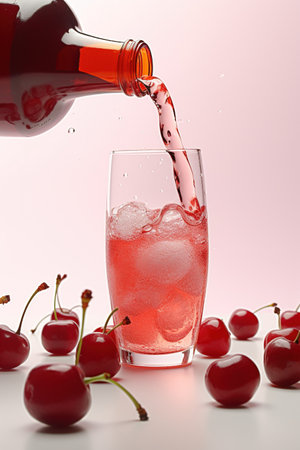 cherry juice in a glass and cherries on a light backgroundの素材
