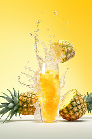 Pineapple juice splashing out of a glass with fruits on yellow backgroundの素材