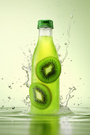 Bottle of kiwi juice with splashes on green backgroundの素材