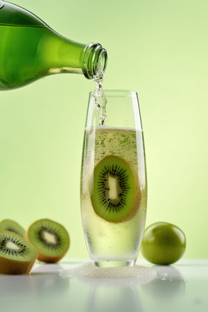 bottle of champagne with kiwi and grapes on green backgroundの素材