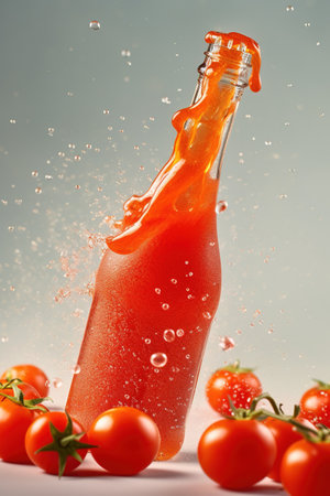Tomato juice splashing out of bottle, isolated on grey backgroundの素材