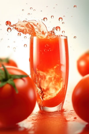 Tomato juice splashing out of glass with fresh tomatoes on white backgroundの素材
