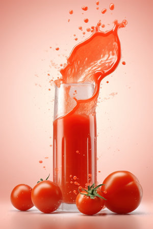Tomato juice splashing out of a glass on a pink backgroundの素材