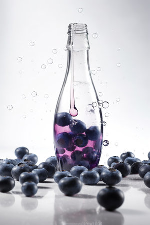 Blueberry fruit in glass bottle with water splash on white background.の素材