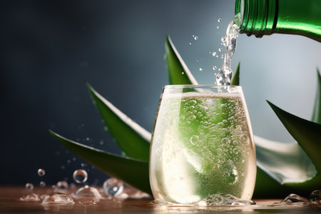 Aloe vera juice splashing into glass with fresh aloe vera leavesの素材