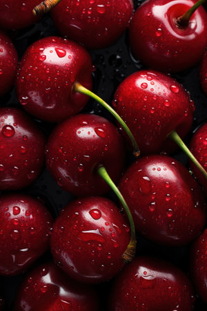 Cherry tomatoes with drops of water on a red background, top viewの素材