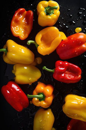 Colorful bell peppers on a black background. Top view. Copy space.の素材