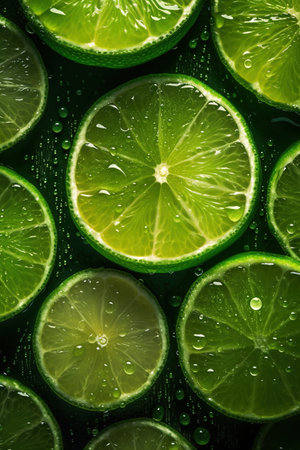 Slices of lime with water drops on a dark background.の素材