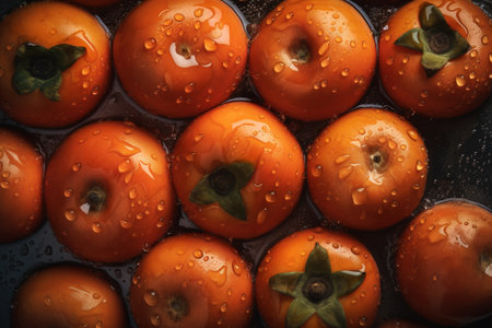 Ripe persimmon fruits with water drops on a black backgroundの素材