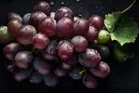 Grapes with water drops on a black background. Selective focus.の素材