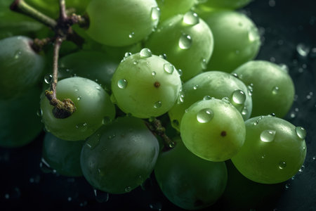 Bunch of fresh green grapes with water drops on black background.の素材
