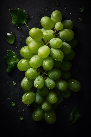 Bunch of green grapes with water drops on black background, top viewの素材
