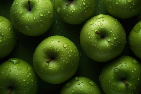 Green apples with water droplets on a dark background. Top view.の素材