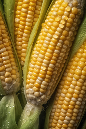 Fresh corn on cobs with water drops close-up macro photographyの素材