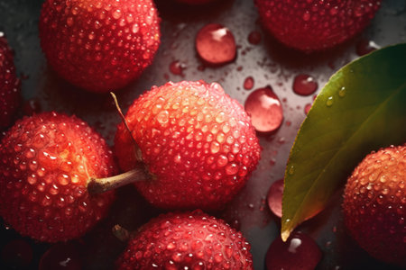 Water drops on red fruits, closeup. Rain drops on fresh fruitsの素材