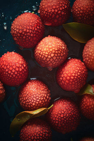 Fresh lychee fruit in water on dark background, top viewの素材