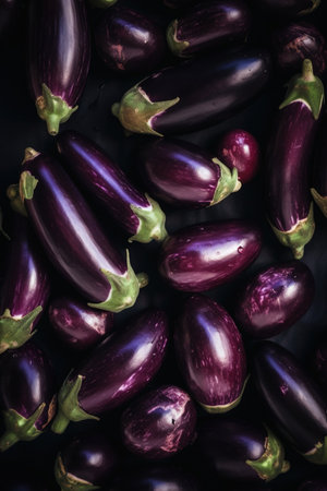 Fresh purple eggplants on black background. Top view. Flat lay.の素材