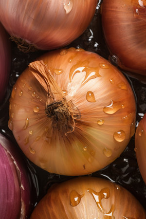 Fresh onions with water drops, closeup. Vegetarian food backgroundの素材