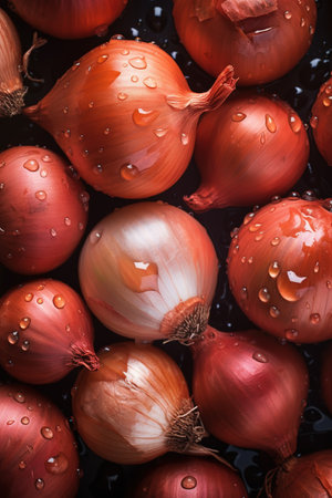 Fresh onions on a dark background. Top view, copy space.の素材