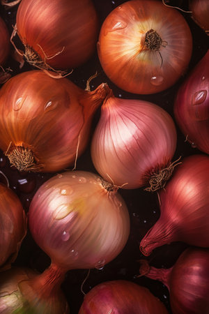 Fresh onions as background. Top view. Flat lay. Copy spaceの素材