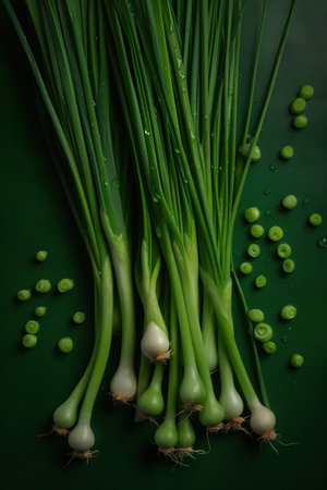 Fresh spring onions on a green background, top view, close-upの素材