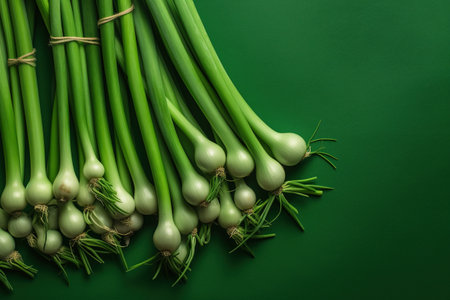 Fresh green onion on green background, top view, copy space.の素材