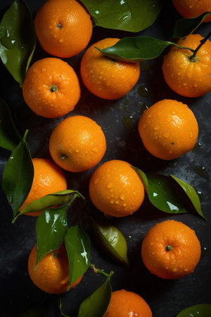 Ripe tangerines with green leaves on a dark background.の素材