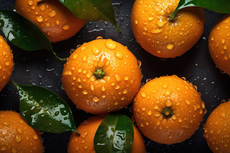 Ripe tangerines with green leaves on a black background.の素材