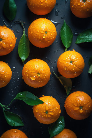 Ripe tangerines with green leaves on a black background.の素材